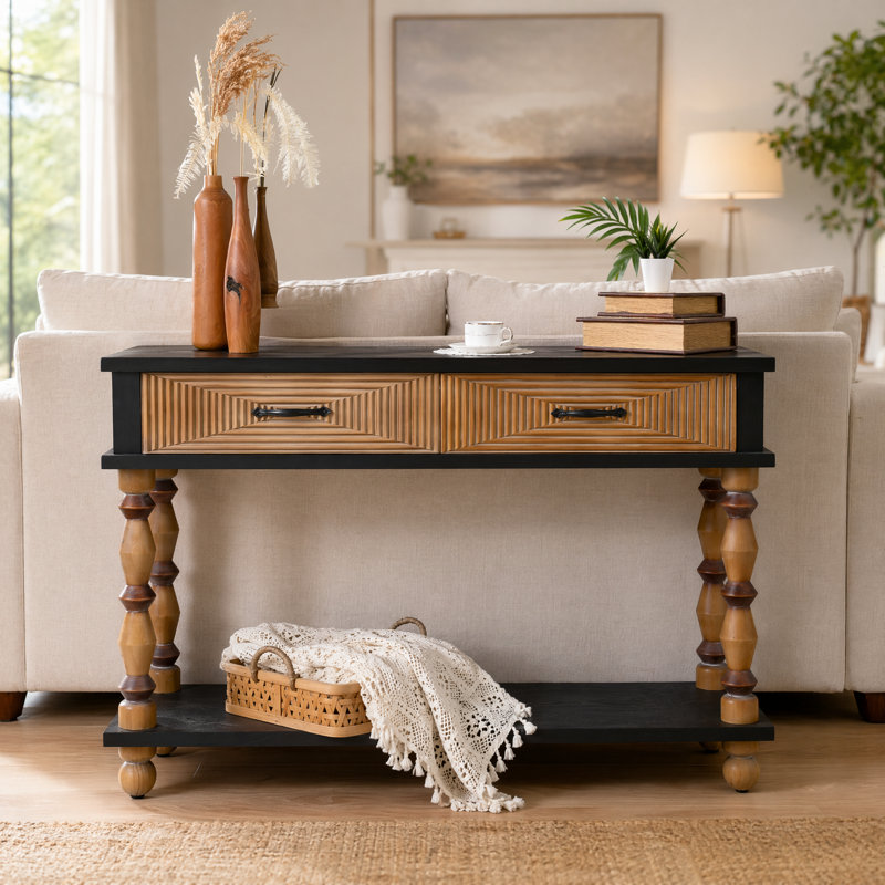 Console en bois massif 47,64 ", table d'entrée décorative rustique sculptée avec 2 tiroirs