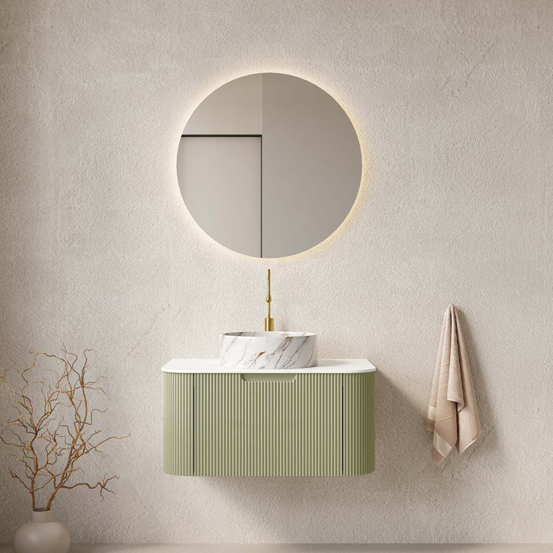Meuble-lavabo de salle de bain 30 po avec lavabo, meuble de rangement mural à bordures courbées et flottantes avec tiroir, lavabo rond en céramique avec motif de pierre, pré-assemblé