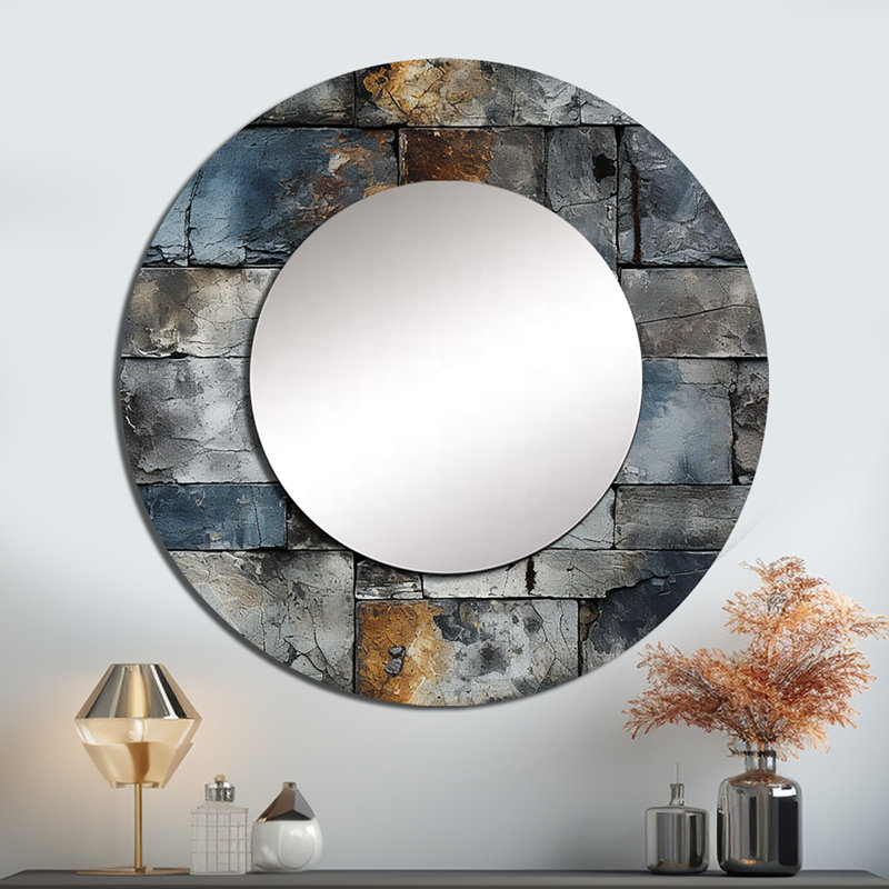 Illusion de mur industriel en béton - grand miroir en brique, décor de miroir mural gris unique, impression d'art en métal