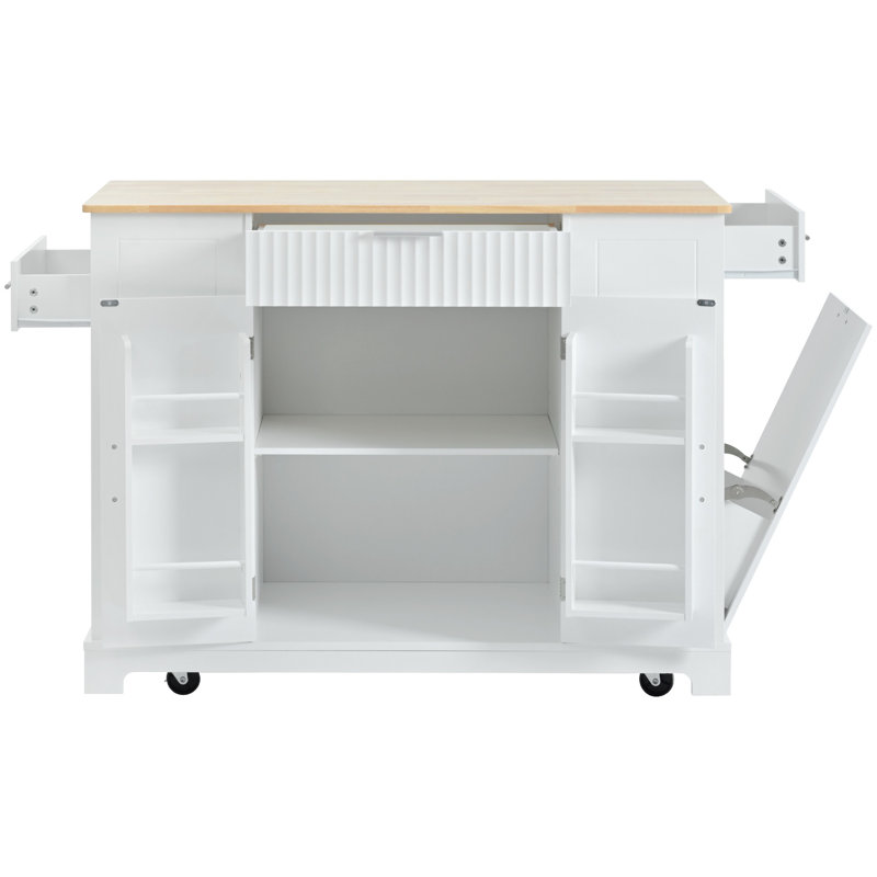 Stylish Kitchen Island Featuring Trash Bin Compartment, 5 Wheels, 3 Drawers, Power Charging Point, White With 10 Can Space, Open Shelves, Outlets, Version