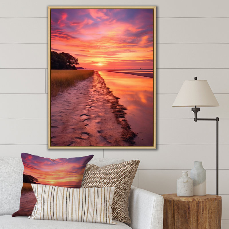 «Sunset On Beaufort Beach South Carolina», reproduction sur toile, 44" H x 34" W, Cadre naturel flottant