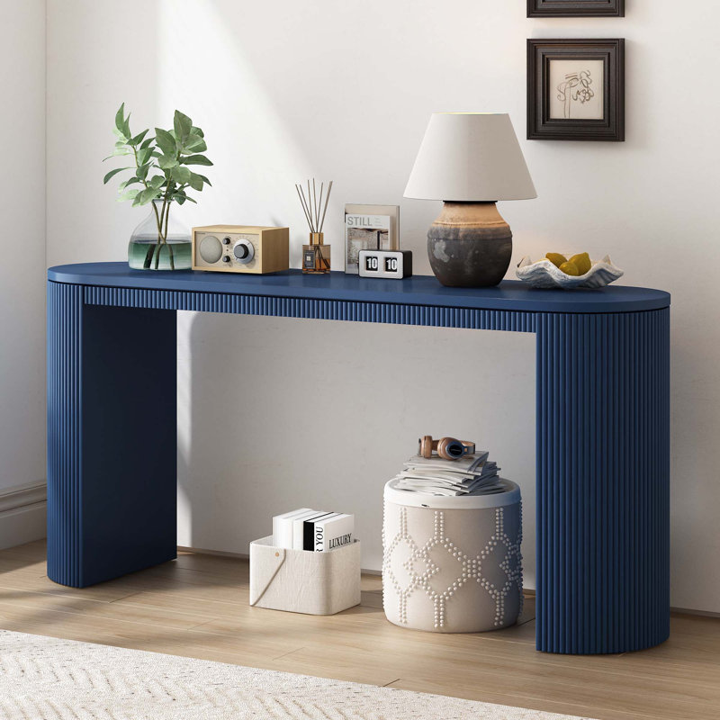 Curved Design Console Table With Unique Vertical Stripe Design, Navy
