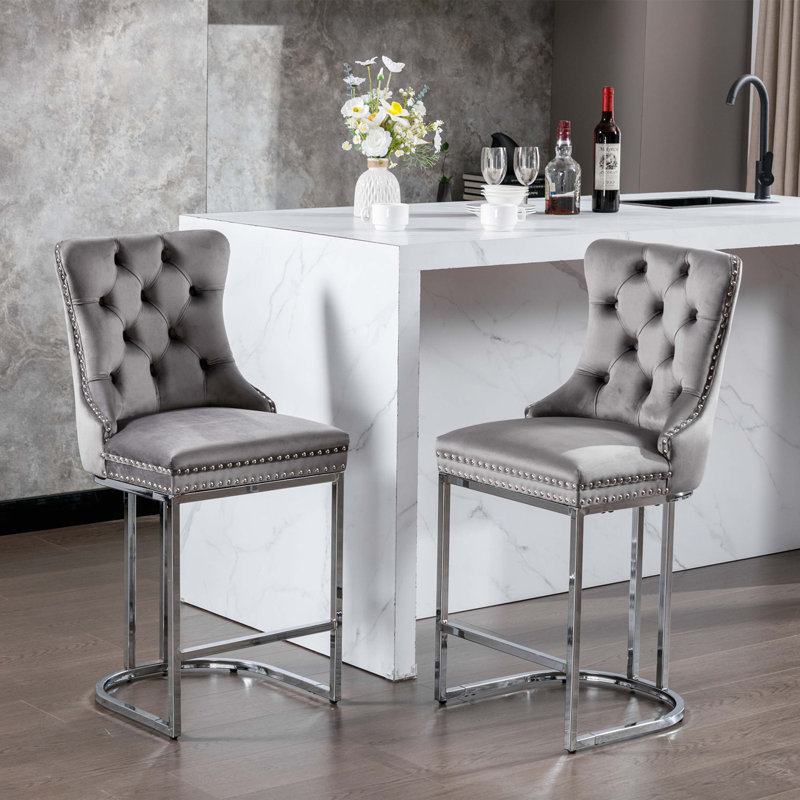 Adam 26" Counter Height Bar Stools Set of 2, Modern Velvet Barstools with Button Back&Rivet Trim Upholstered Kitchen Island Chairs with Sturdy Chromed Metal Base Legs Farmhouse Bar Stools, (2 Pack)