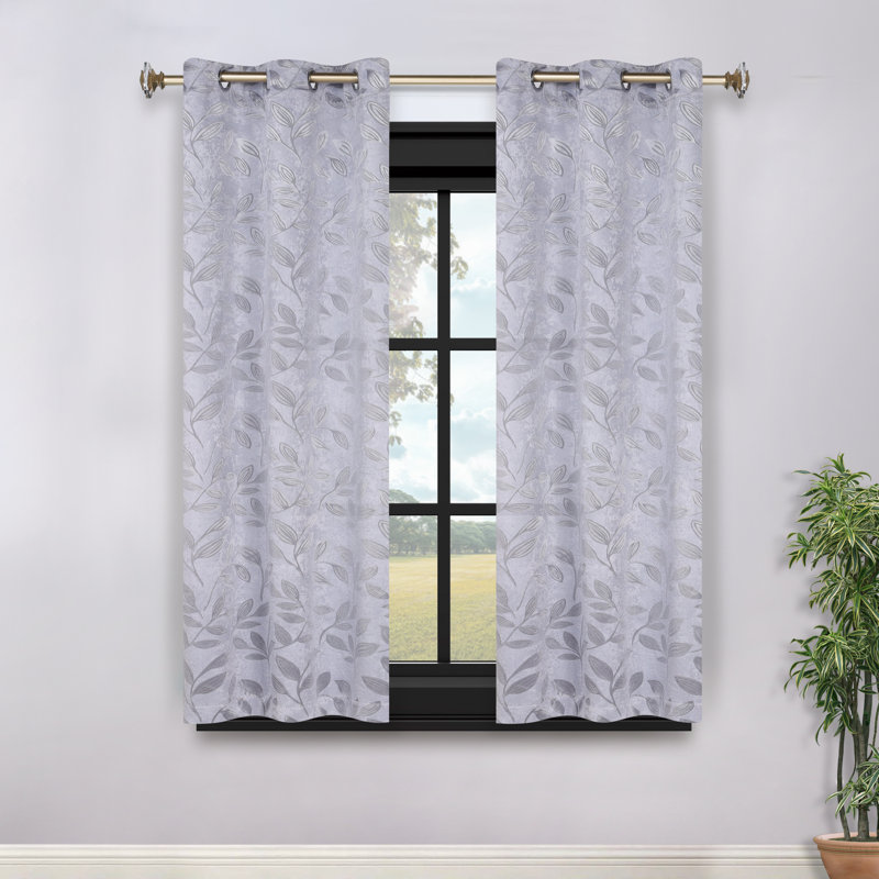 Finklea 100% Polyester Floral Room Darkening Grommet Curtain Panels, 42" W x 63" L, White/White