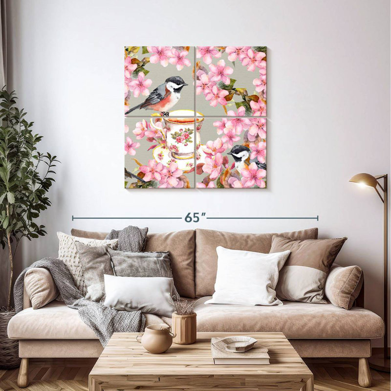 Ronce sur tasse à thé et fleurs roses, H 38 po x l 38 po