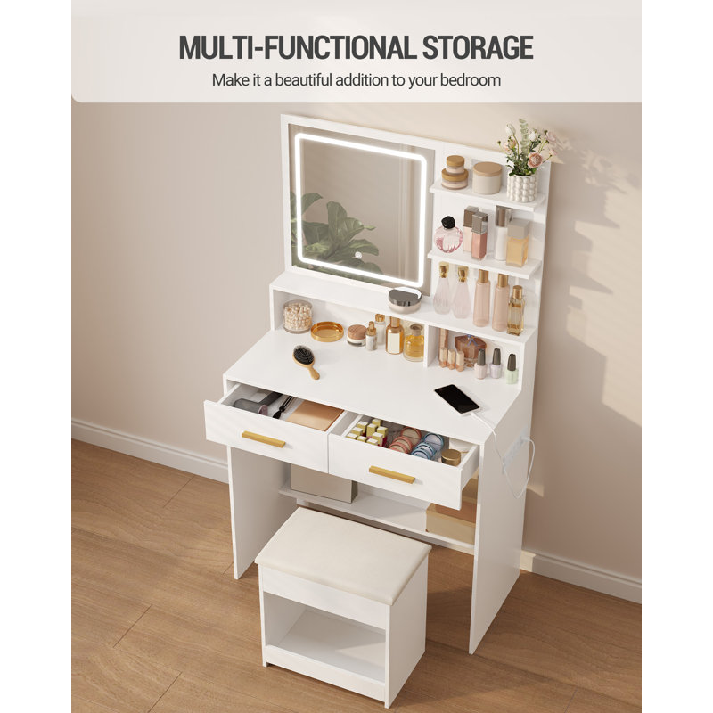 Dressing Table with Adjustable LED Lights, Rechargeable AC Socket and USB Port, Vanity Makeup with Soft Dressing Stool, 2 Drawers, Open Organisers, for Bedroom, Cloakroom