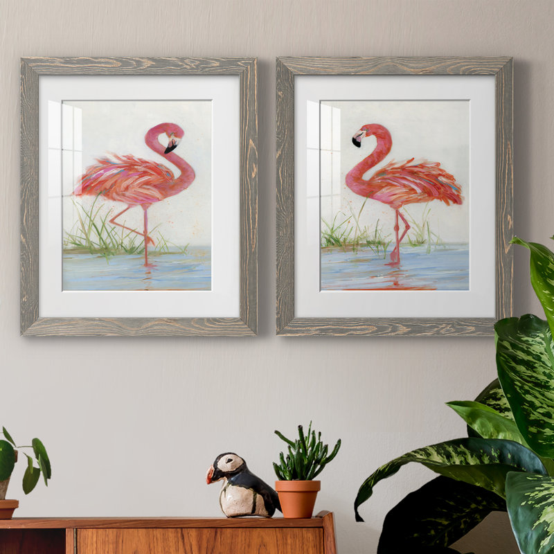 Flamingo I - ensemble de 2 peintures, Papier dans un cadre photo, H 31 po x l 44 po, Gris