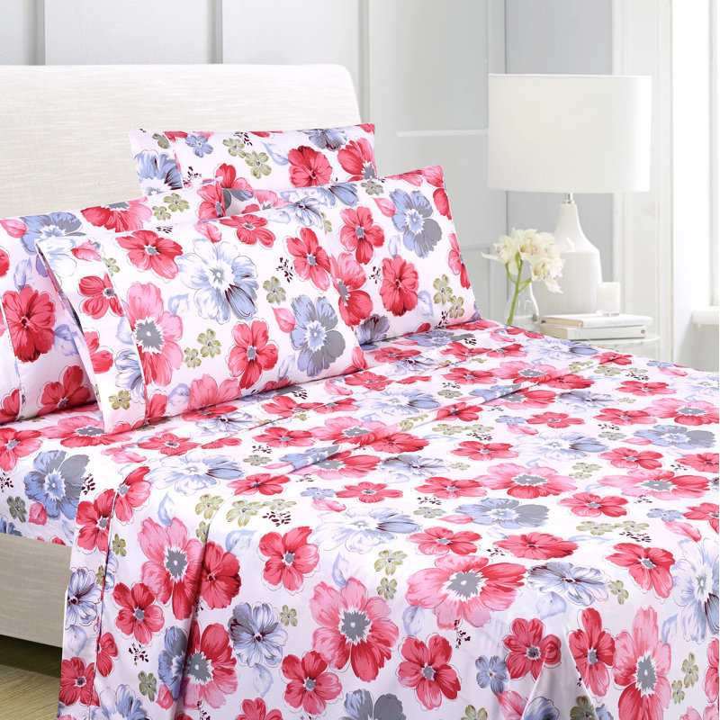 Full Size Black and Red Floral Microfiber Sheet Set