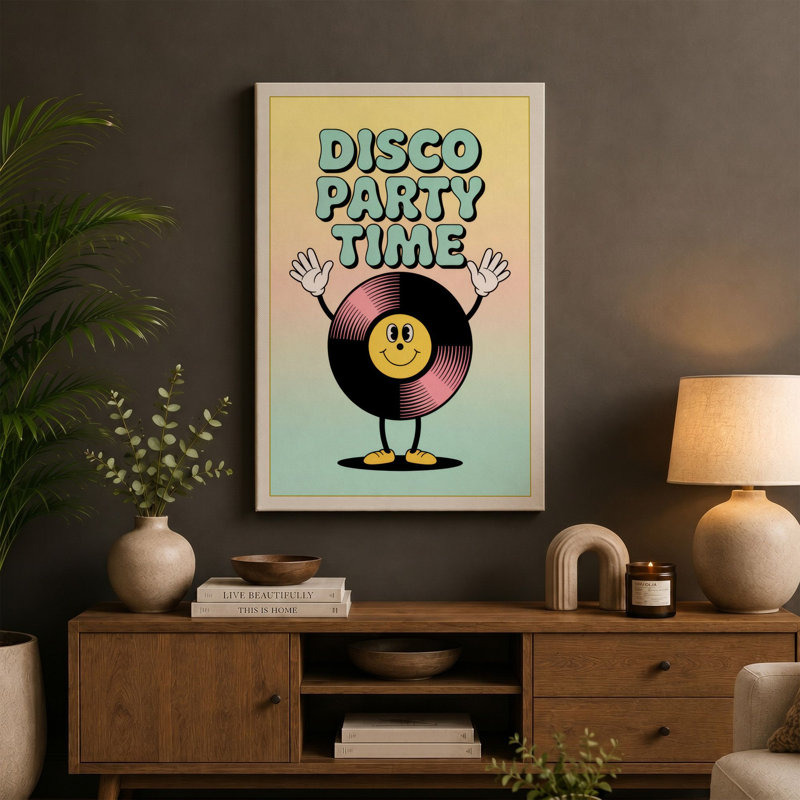 Disco Party Time Retro - Wrapped Canvas, 36x24 - 91.4 x 61.0 cm, Teal Border