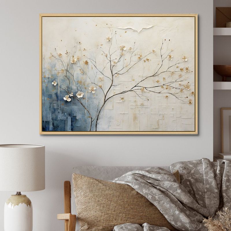 Minimalisme beige et bleu campagne - campagne encadrée, art mural, Cadre naturel flottant, H 16 po x l 32 po x P 1 po