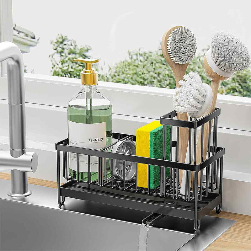 Black Stainless Steel Kitchen Sink Sponge Holder with Brush Organizer