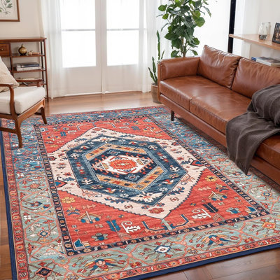 Tapis tribal vibrant rouge et bleu 5 pi x 7 pi pour salle de jeux