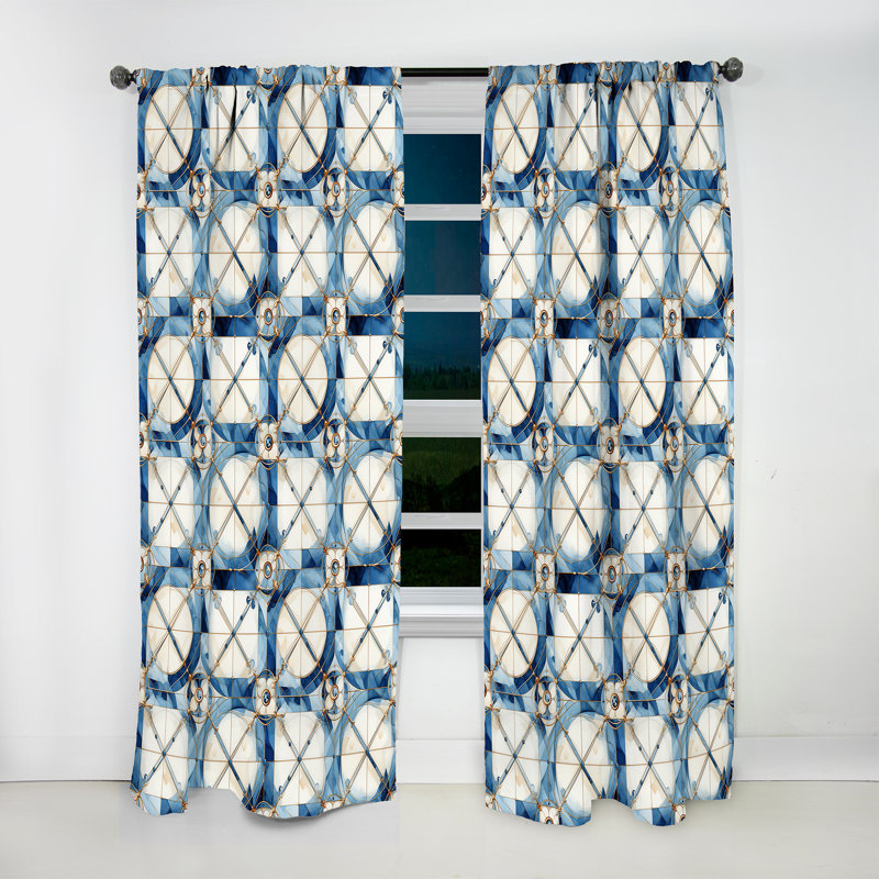 Vintage Cobalt Quadrants Geometric - Damask Curtain - Velvet Room Darkening - 1 Panel, 52" W x 108" L