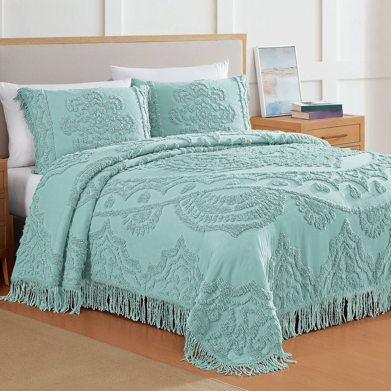 Couvre-lit luxueux à bordure frangée texturée en chenille, Ivoire ivoire, Couvre-lit double