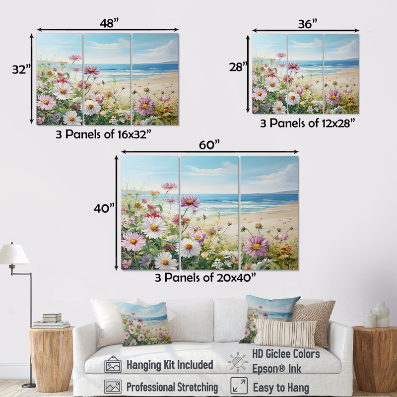 Zinnias On The Beach - Ensemble de décoration murale Zinnias, Toile tendue, H 28 po x l 36 po x P 1 po