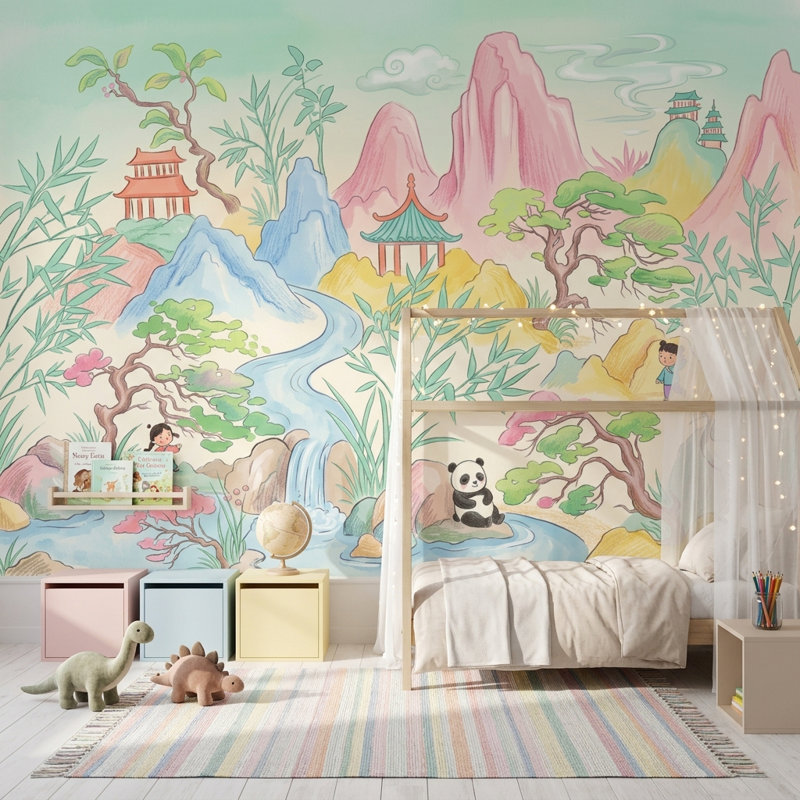 Papier peint pastel paysage oriental pavillon chinois Pagode, 200 po x 120 po, Peler et coller