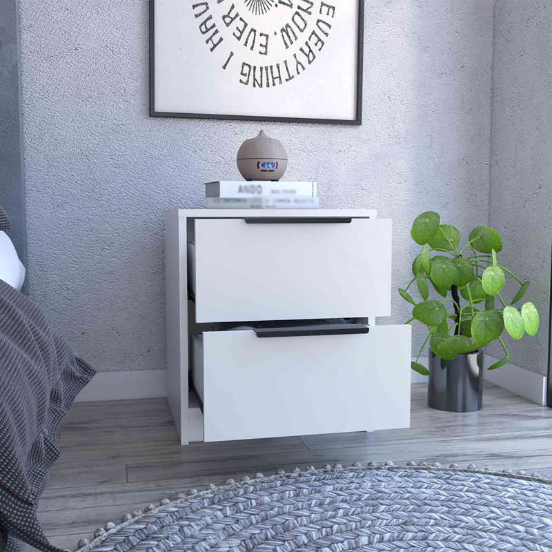 Kaia Nightstand , End Table, Side Table Two Drawers, Metal Handle -White, White