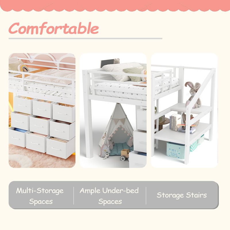 Twin Low Loft Bed With Multi-Storage Spaces, White