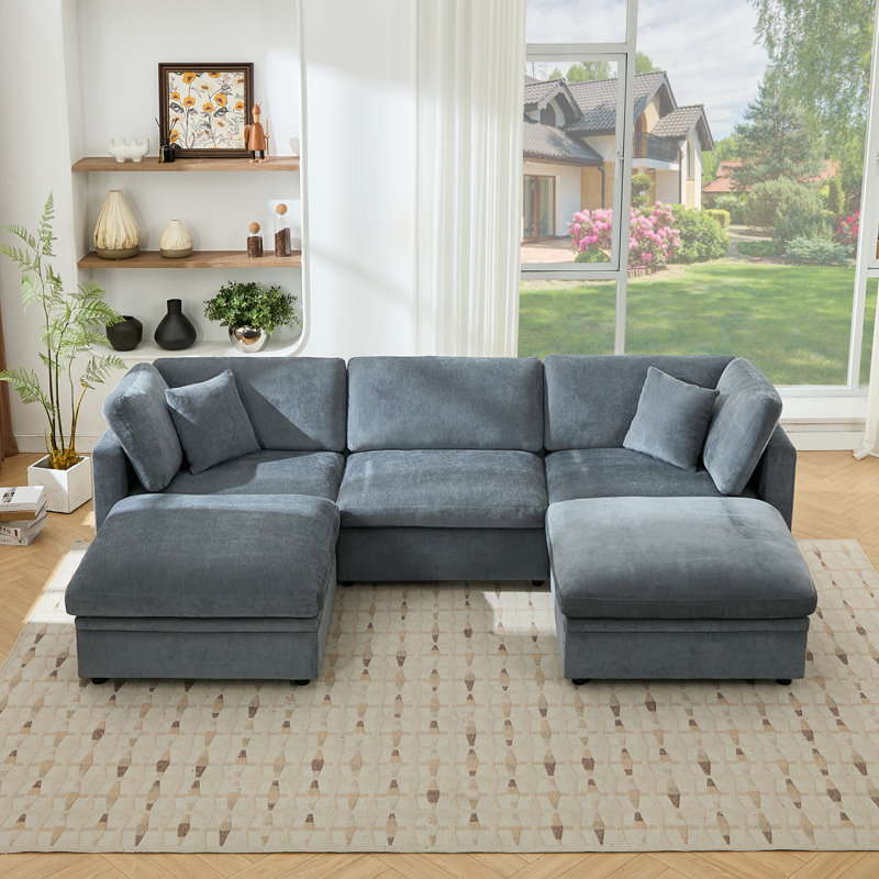 Oversized Down-Filled Modular Sofa With Ottomans, Gray Chenille