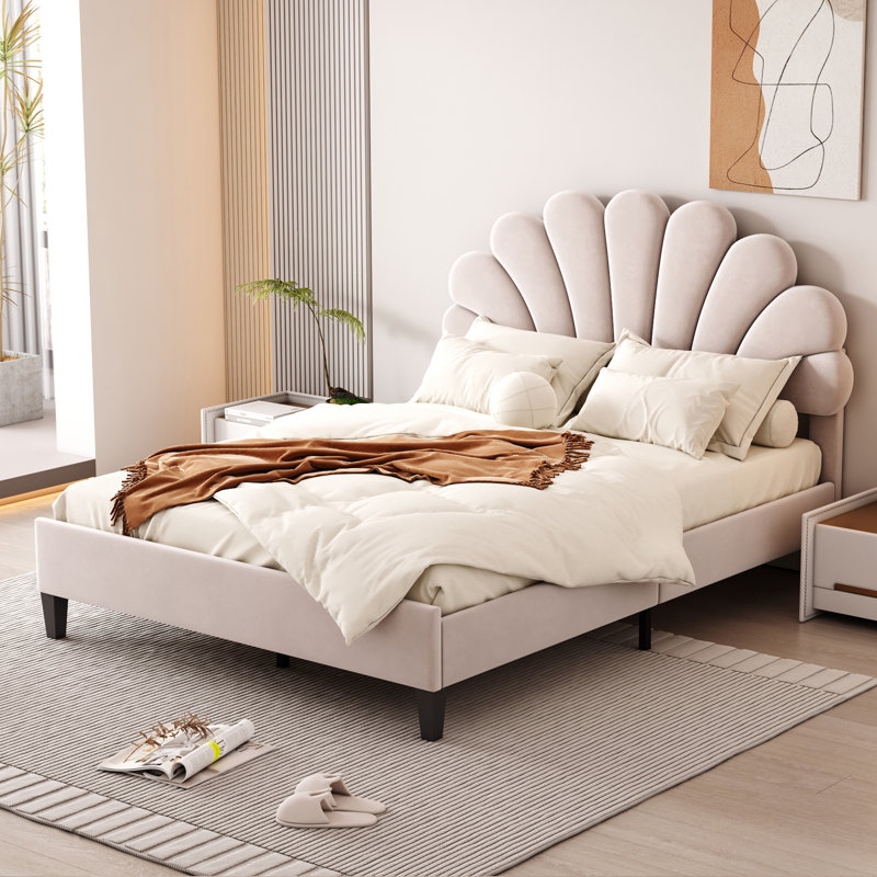 Lit plateforme tapissier avec tête de lit en velours, Beige, Lit double