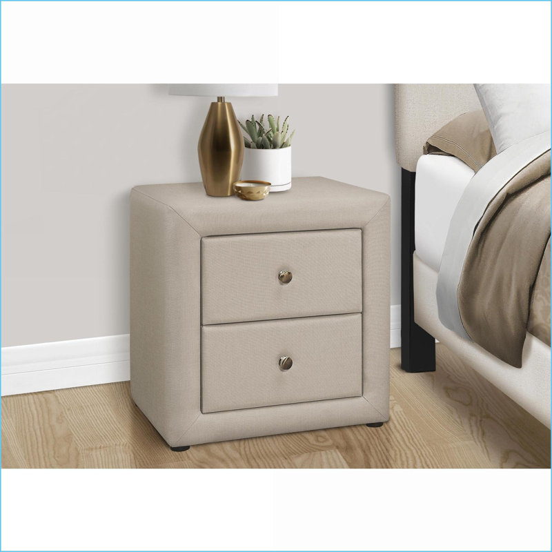 Table de chevet transitionnelle beige à aspect lin avec 2 tiroirs, Beige