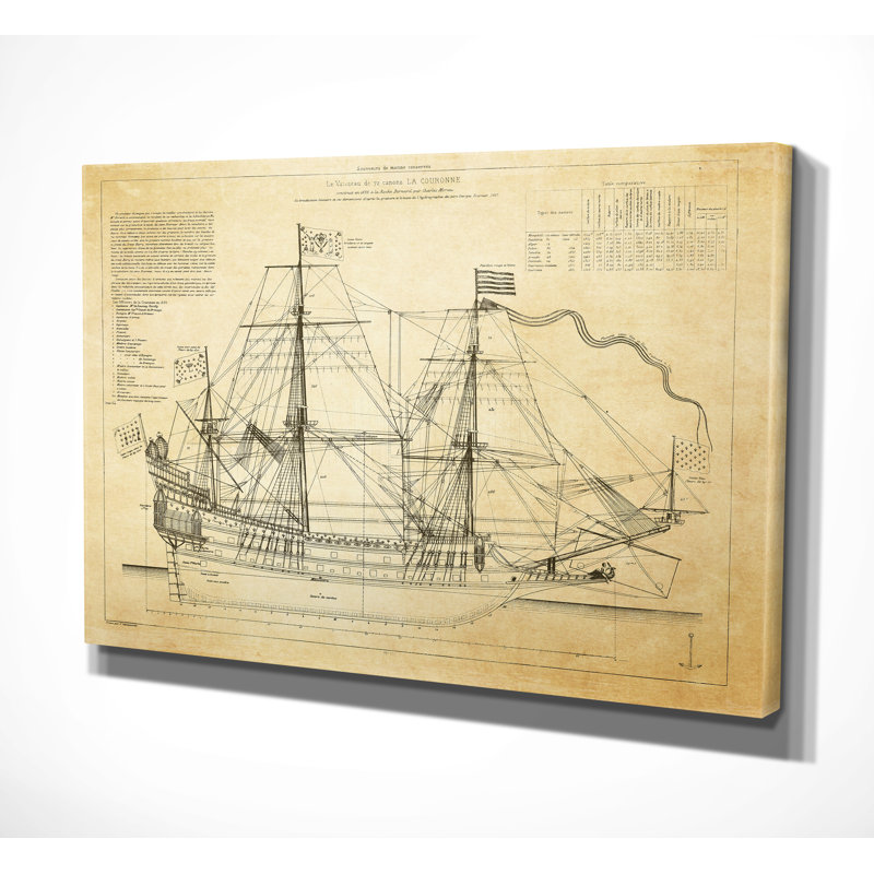 Vintage Beige Sailing Ship Sketch Canvas Wall Art