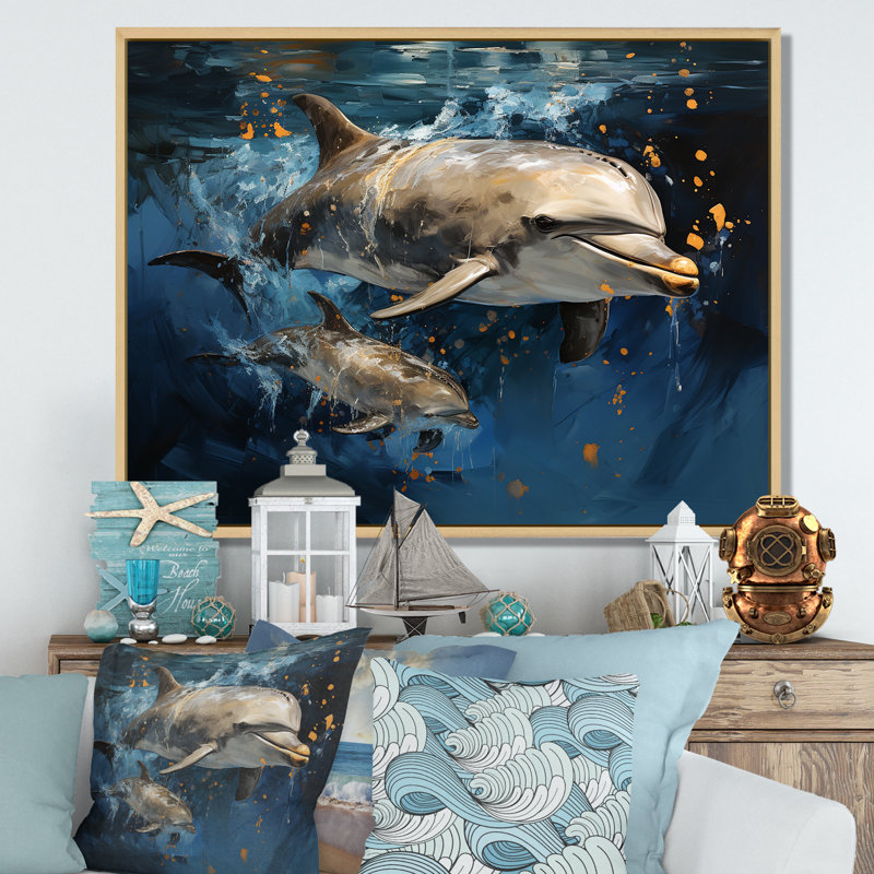 Dauphins dansants - animaux, art des dauphins, Cadre flottant brun, H 34 po x l 44 po x P 1,5 po