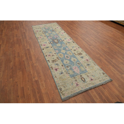 Light Blue Oushak Vegetable Dye Runner Rug 3x9