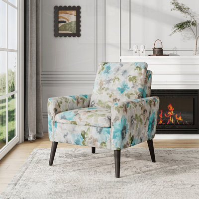 Fauteuil d'appoint à motif floral bleu pastel et gris avec pieds en bois massif brun foncé, parfait pour ajouter élégance et confort à n'importe quelle pièce