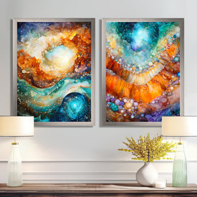 «Green and Orange Celestial Vortex in Space I - Astronomie», art mural sur toile 2 pièces
