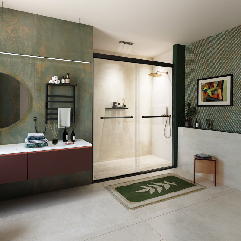  51–54 in W x 72 in H Modern Double Sliding Shower Door, 1/4 in (6mm) Tempered Glass, Matte Black Aluminum Frame, Matte Black