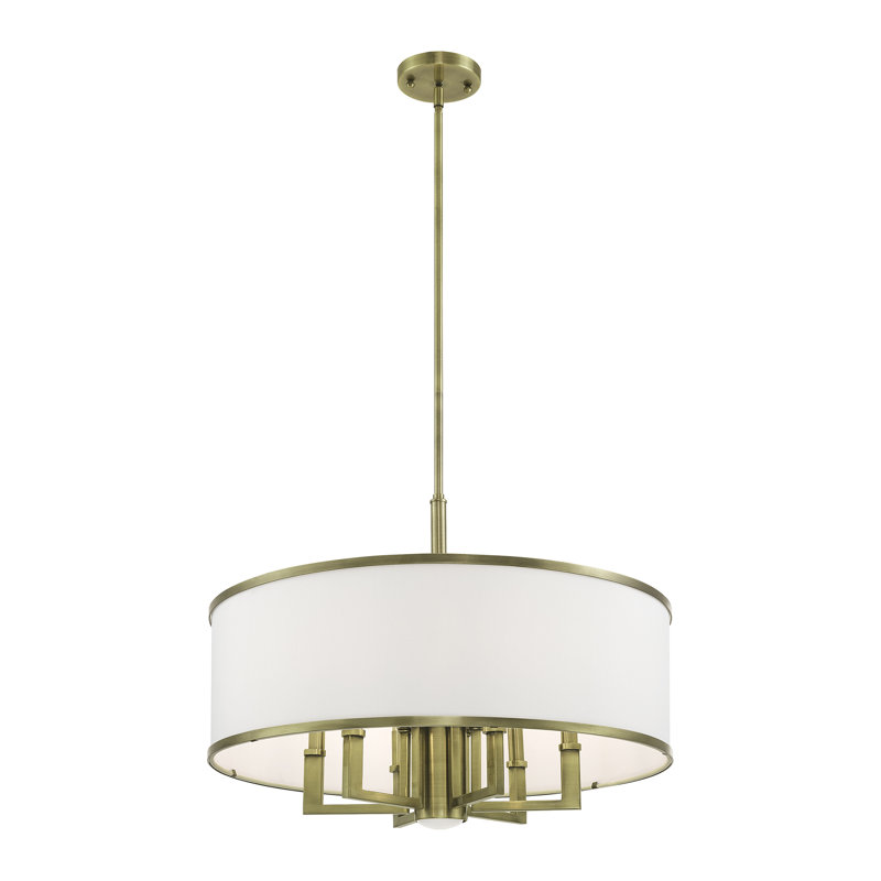 Berthine 7 - Light Steel Dimmable Drum Chandelier, Off-White, Antique Brass