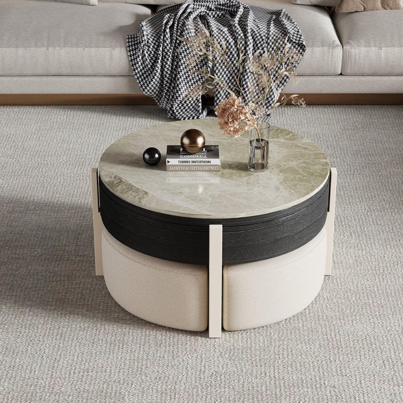 31.5" Modern Coffee Table, Lift Top Coffee Table with 3 Ottomans, Black