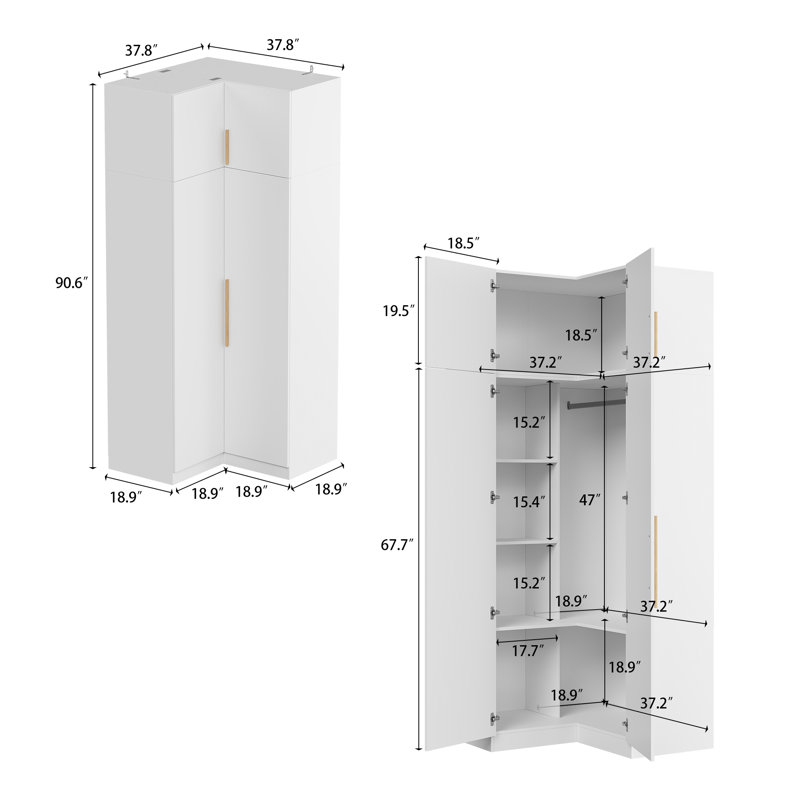 Système de garde-robe modulaire 4 pièces avec garde-robe de coin, armoires supérieures, tringles suspendues et tablettes pour le rangement dans la chambre à coucher
