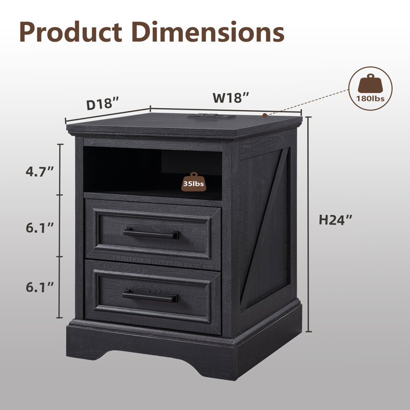 Table de chevet en bois à 2 tiroirs avec station de recharge, table d'appoint de style campagnard de 61 cm de haut avec rangement et étagère semi-ouverte