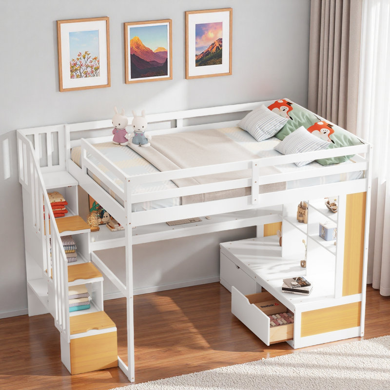 Loft Bed With Desk, Shelves, 2 Built-in Drawers And Storage Staircase, White/Natural