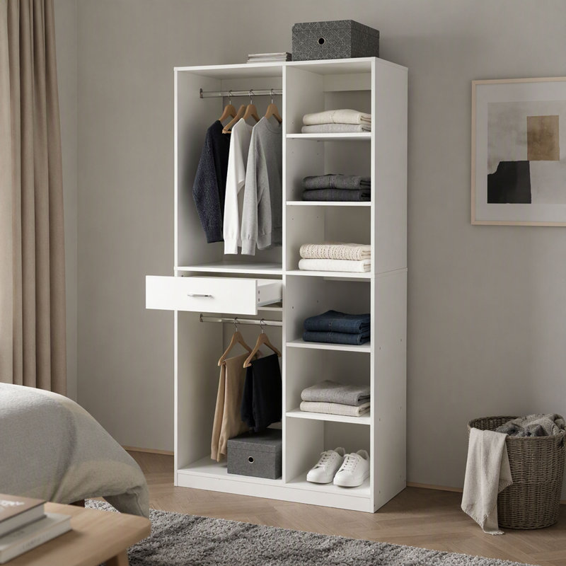 Freestanding Closet System,  Stand-Alone Wardrobe With 6 Open Shelves,74.8'' Heigh Closetwith 1 Wood Drawers, Wood Walk-In Closet With 2 Hanging Rod