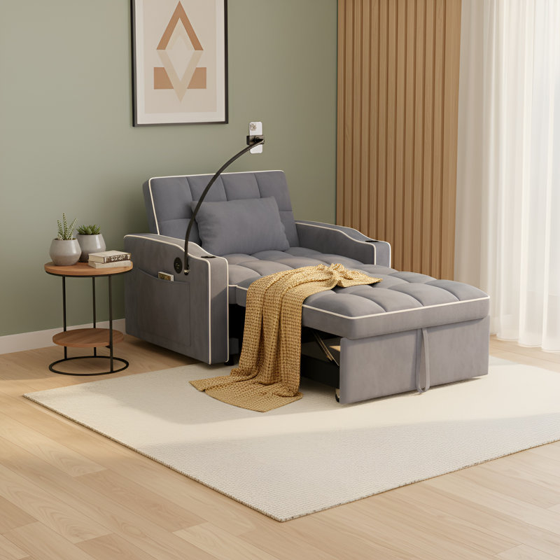 Jalena 37" Upholstered Convertible Sleeper Accent Chaise Lounge Chair, Dark Gray
