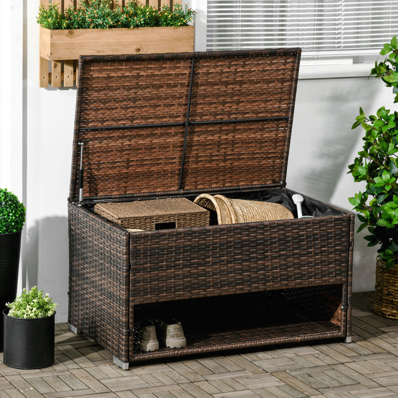 Outdoor Deck Box & Shoe Storage, PE Rattan Wicker Towel Rack With Liner For Indoor, Outdoor, Patio Furniture Cushions, Pool, Toys, Garden Tools