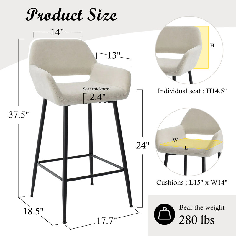 Erdmann Upholstered 24'' Counter Stool With Metal Frame (set Of 2)