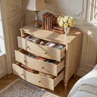 32.8'' W Vintage Curved Front Nightstand with 3 Drawers, Solid Wood Legs and Metal Knobs Adorn