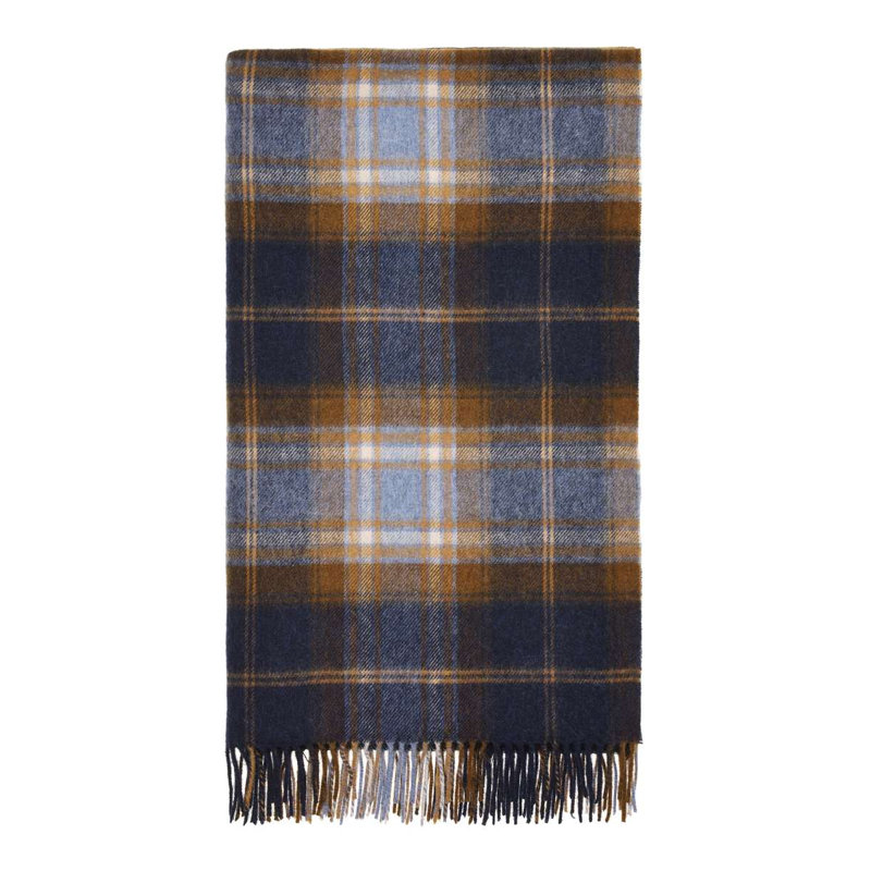 Jeté tissé en laine d'agneau Merino, Bleu / orange / damier bleu marine