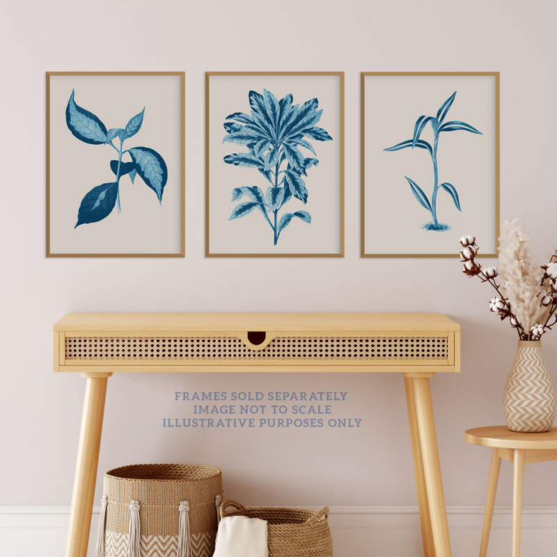 Modern Audubon Style Blue On Beige Detailed Leafy Plant Botanical - 3 Piece No Frame Print Set, 40.5cm H x 30.5cm W x 0.3cm D