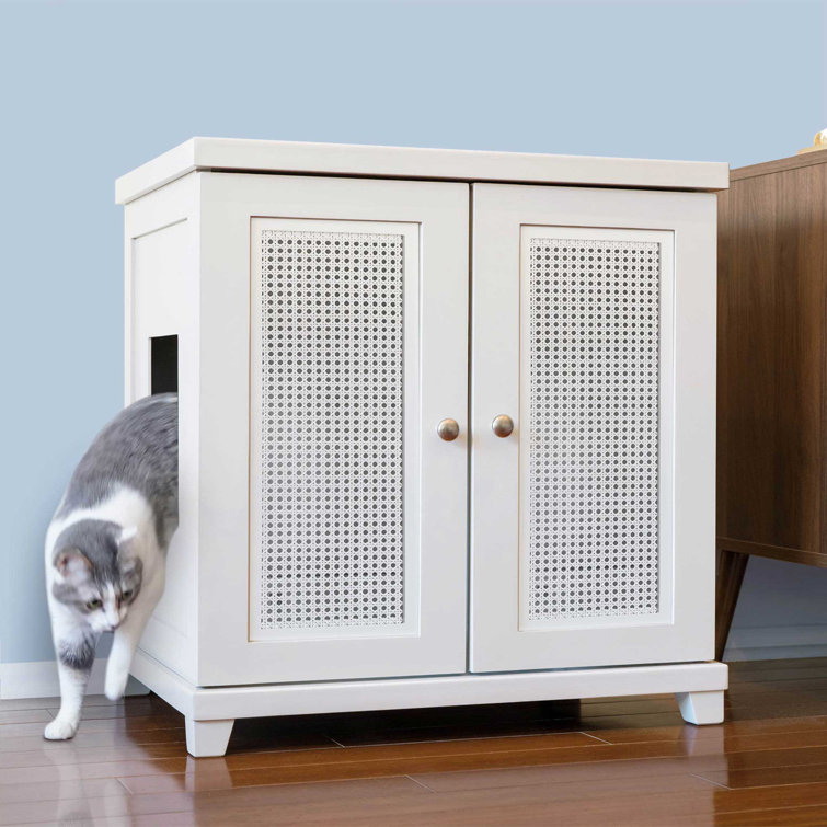 The Refined Litter Box - Wood Cat Litter Box Enclosure Cabinet With Drawer, Cane Style