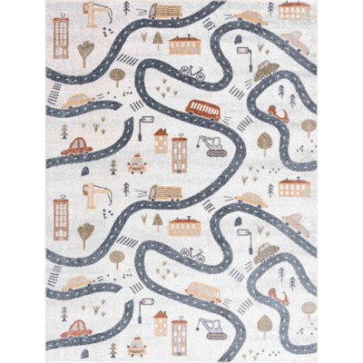 Aaliyan Machine Washable Kids Room Road Car Gray / Beige Area Rug