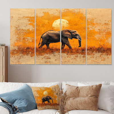 Coucher de soleil éléphant dans le désert doré I - Art mural animal éléphant - Art mural moderne pour le salon