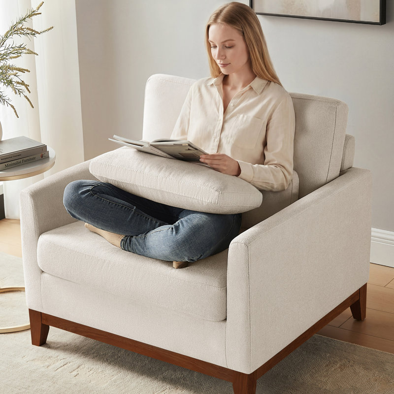 Chenille Accent Chair With Solid Rubberwood Legs, Smoke White