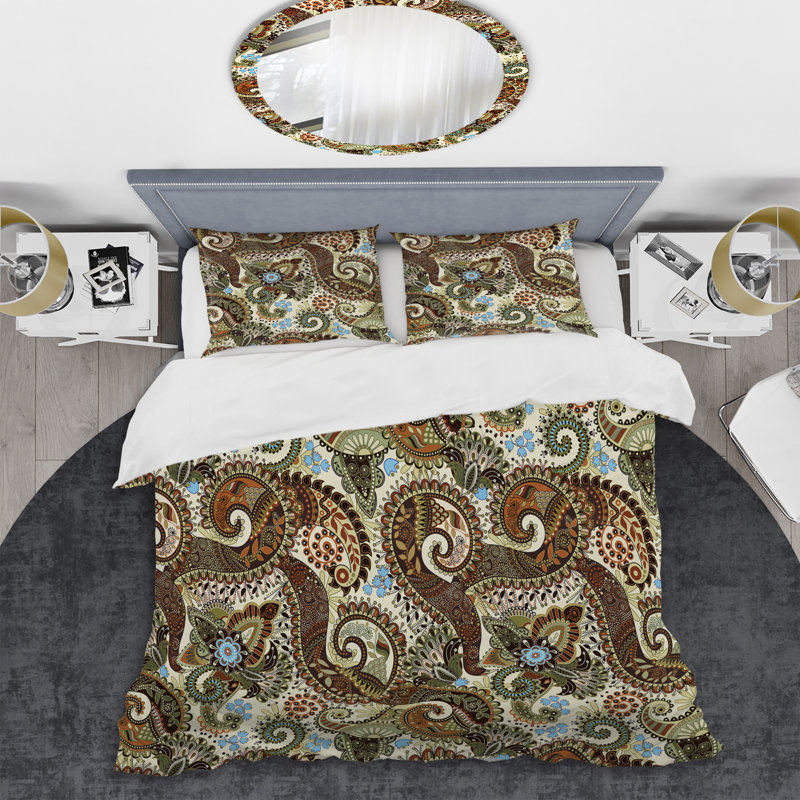 Ensemble de housse de couette à motif floral cachemire brun - Polyester microfibre
