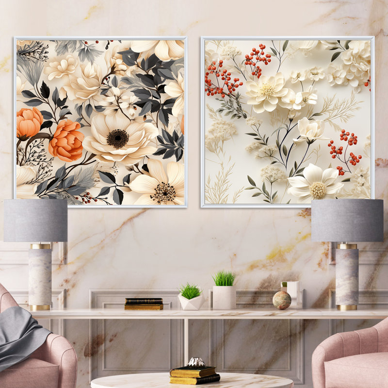 Alouette - Ensemble de 2 collages floraux carrés, H 16 po x l 33 po, Cadre flottant blanc