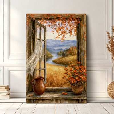  Autumn Window Landscape Canvas Wall Art, Vintage Nature Painting Decor